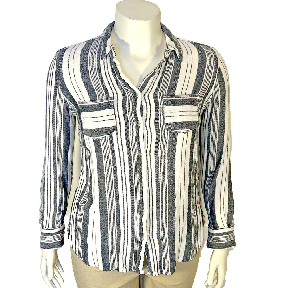 Merona Blouse Womens M Flannel Gray White Stripe Button Up Coastal Shirt